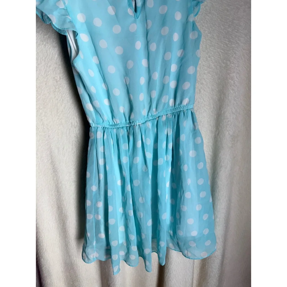 Scooter Brown Girls Blue White Polka Dot Flutter Sleeve Dress Size 10/12